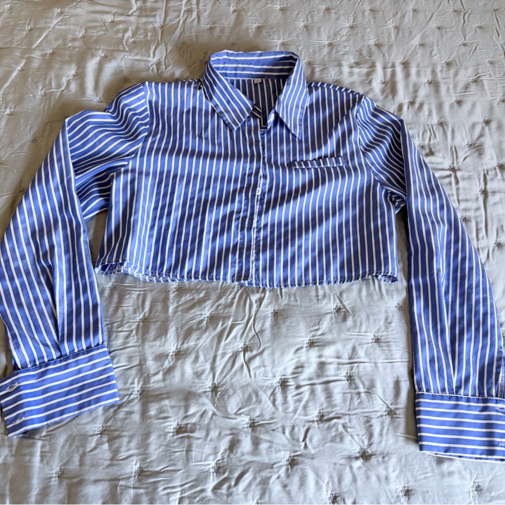 Blue and White Striped Crop Button-Up Shirt
